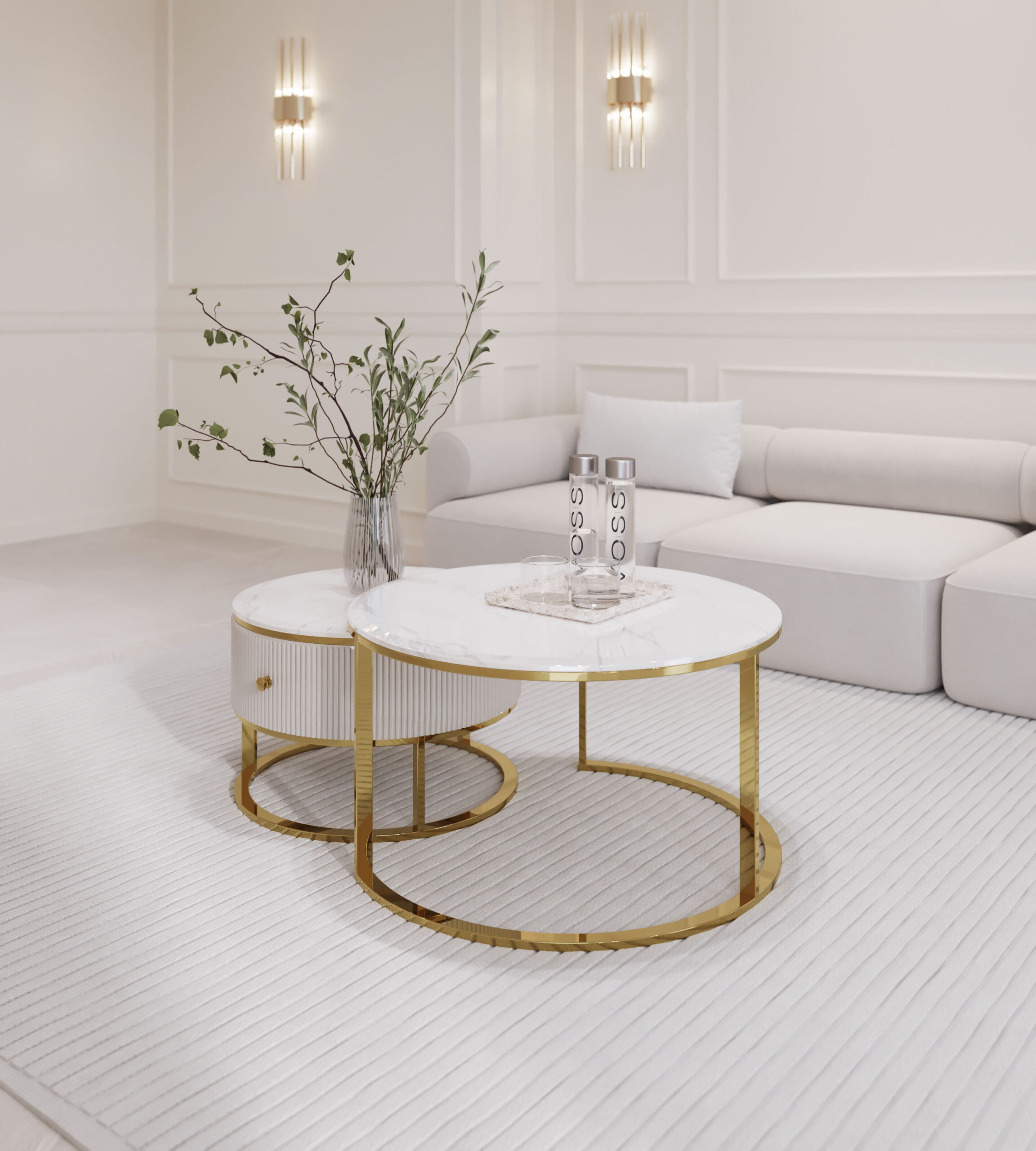 ZESTAW DWÓCH STOLIKÓW KAWOWYCH Anne Cashmir okrągłe, złote metalowe podstawy, kaszmirowy, ryflowany korpus, blaty z konglomeratu marmurowego, piękne