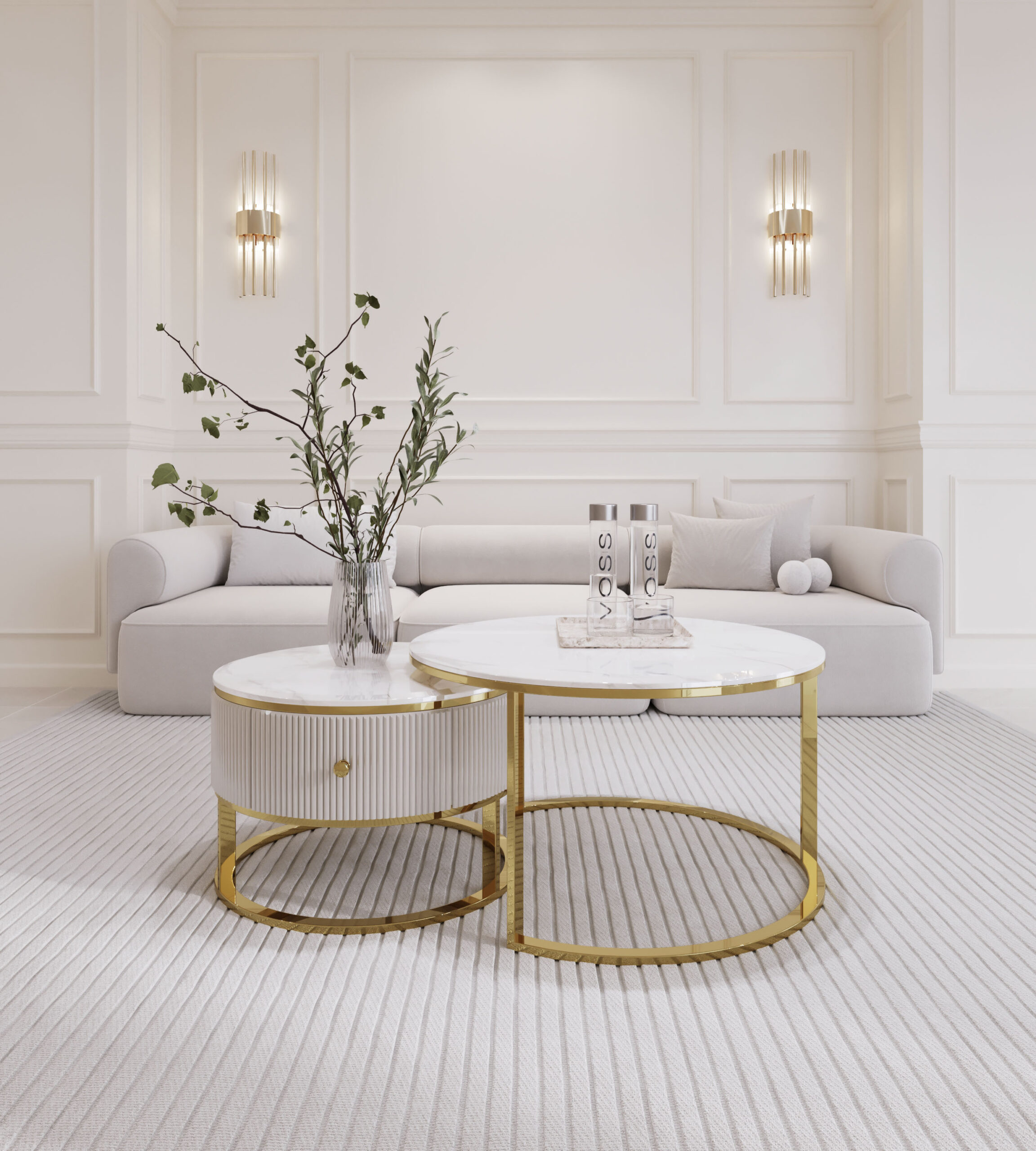 ZESTAW DWÓCH STOLIKÓW KAWOWYCH Anne Cashmir okrągłe, złote metalowe podstawy, kaszmirowy, ryflowany korpus, blaty z konglomeratu marmurowego