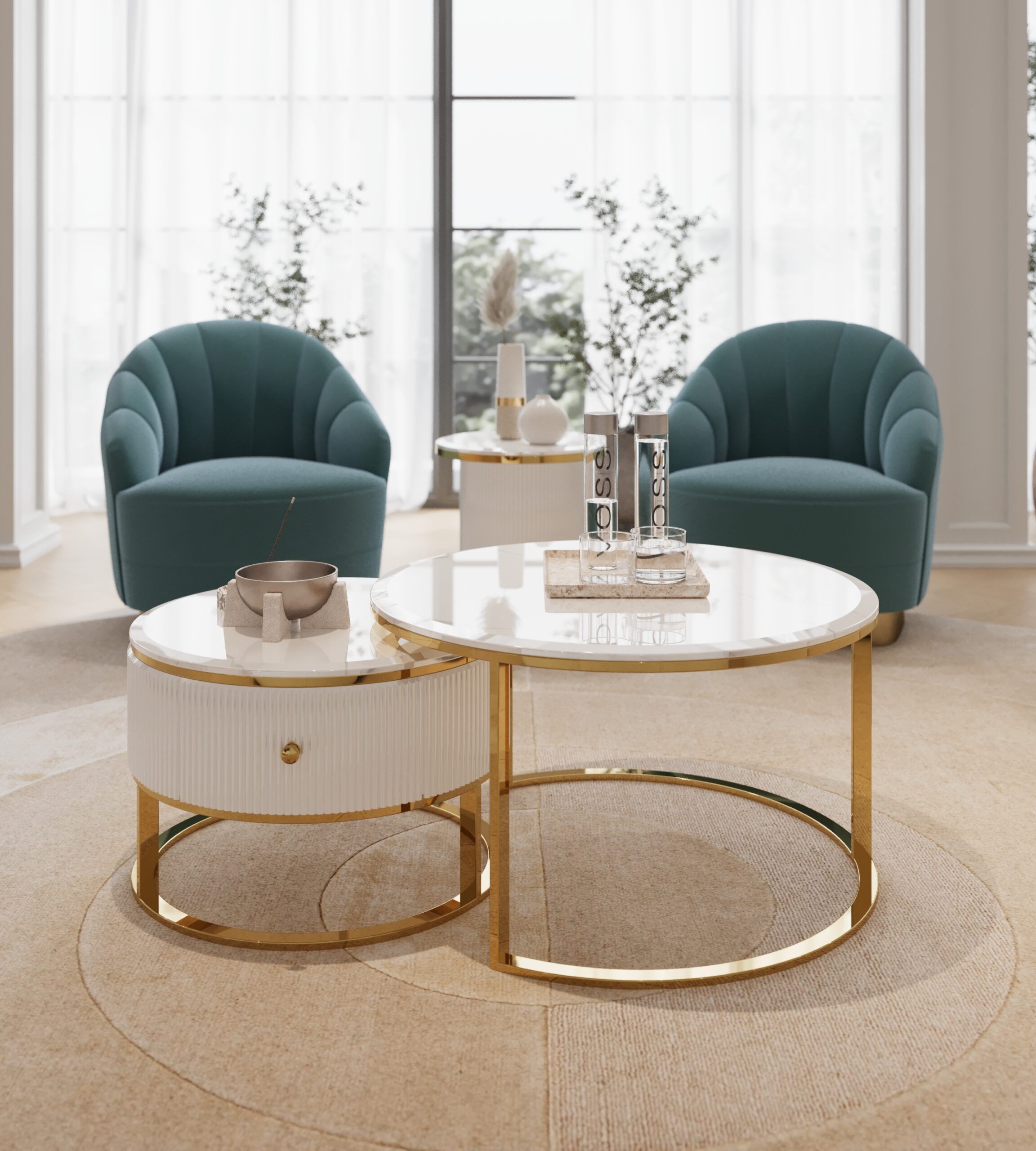 ZESTAW DWÓCH STOLIKÓW KAWOWYCH Anne okrągłe, złote metalowe podstawy, biały, ryflowany korpus, blaty z konglomeratu marmurowego, piękny ZESTAW DWÓCH STOLIKÓW KAWOWYCH Anne okrągłe, złote metalowe podstawy, biały, ryflowany korpus, blaty z konglomeratu marmurowego, piękny