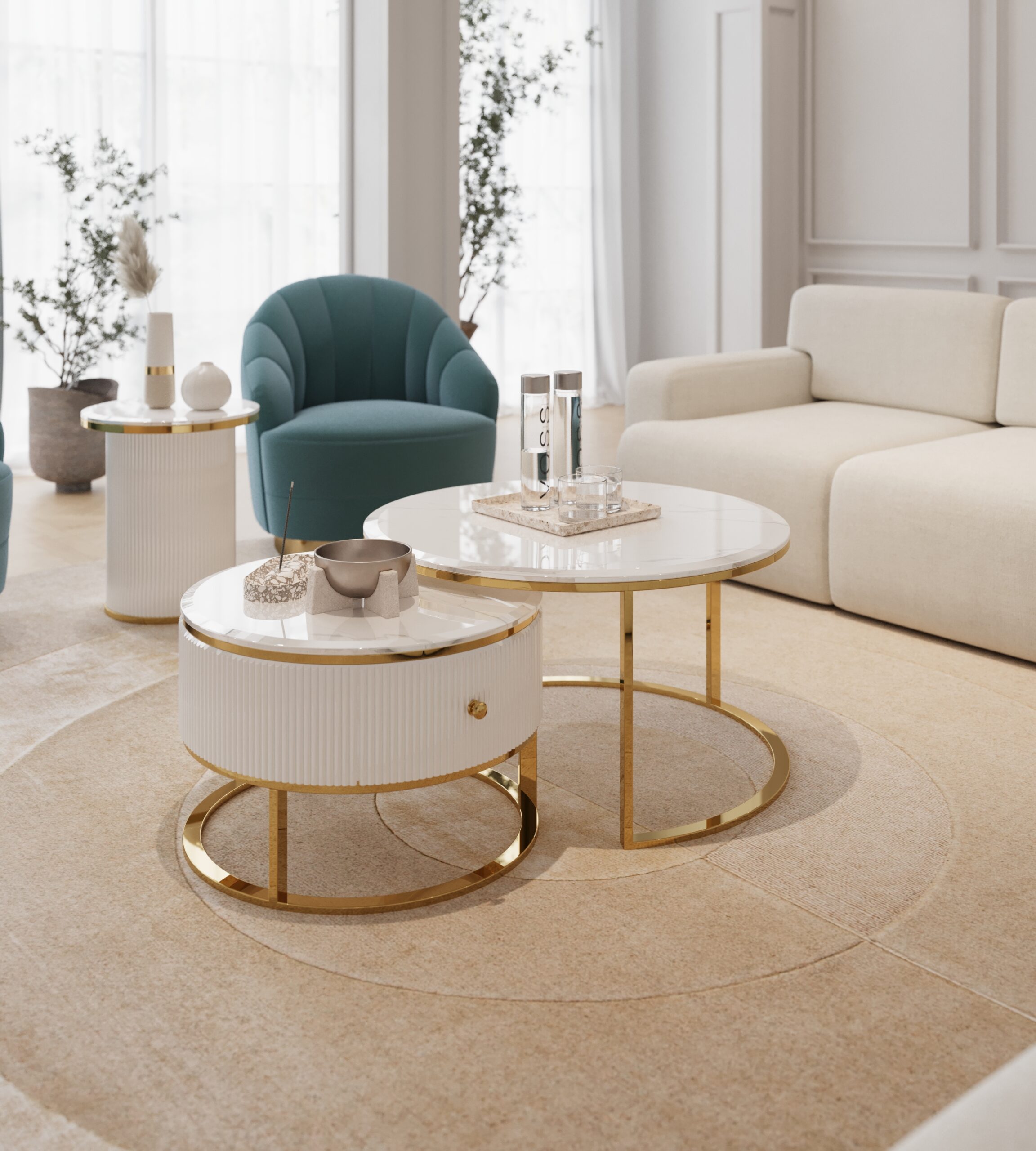 ZESTAW DWÓCH STOLIKÓW KAWOWYCH Anne okrągłe, złote metalowe podstawy, biały, ryflowany korpus, blaty z konglomeratu marmurowego ZESTAW DWÓCH STOLIKÓW KAWOWYCH Anne okrągłe, złote metalowe podstawy, biały, ryflowany korpus, blaty z konglomeratu marmurowego