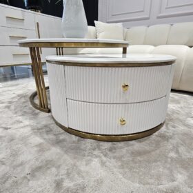 ZESTAW STOLIKÓW KAWOWYCH Anne 2w1, blat z konglomeratu marmurowego, ZŁOTY SZCZOTKOWANY, ryflowany z szufladami, z serii mebli Anne 2025