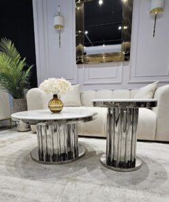 ZESTAW STOLIKÓW Riviera 2w1 srebrna, designerska podstawa, biały blat z konglomeratu, nowoczesny styl