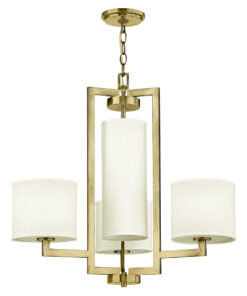 ŻYRANDOL HAMPTON, czteropunktowy, lniany klosz, złote szczotkowane wykończenie, klasyczny styl