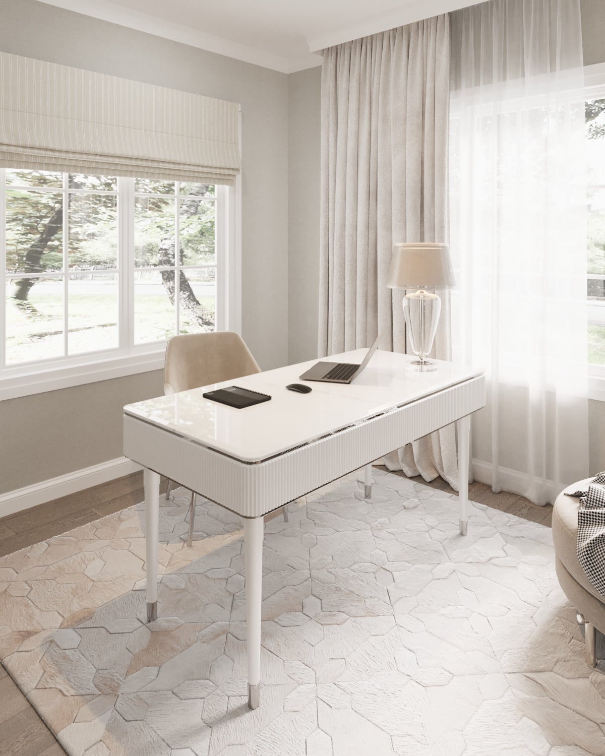 BIURKO Anne na białych nogach ze srebrnymi detalami, ryflowany korpus, blat z konglomeratu marmurowego, nowoczesny styl, piękne