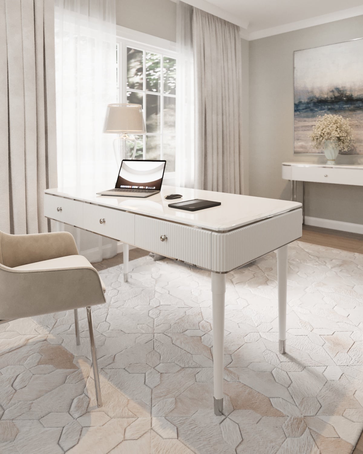 BIURKO Anne na białych nogach ze srebrnymi detalami, ryflowany korpus, blat z konglomeratu marmurowego, nowoczesny styl