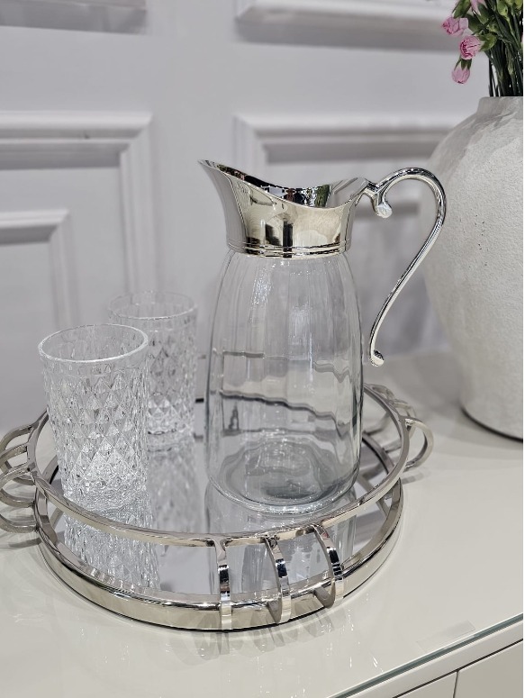 DZBANEK szklany z metalową srebrną rączką glamour, piękny