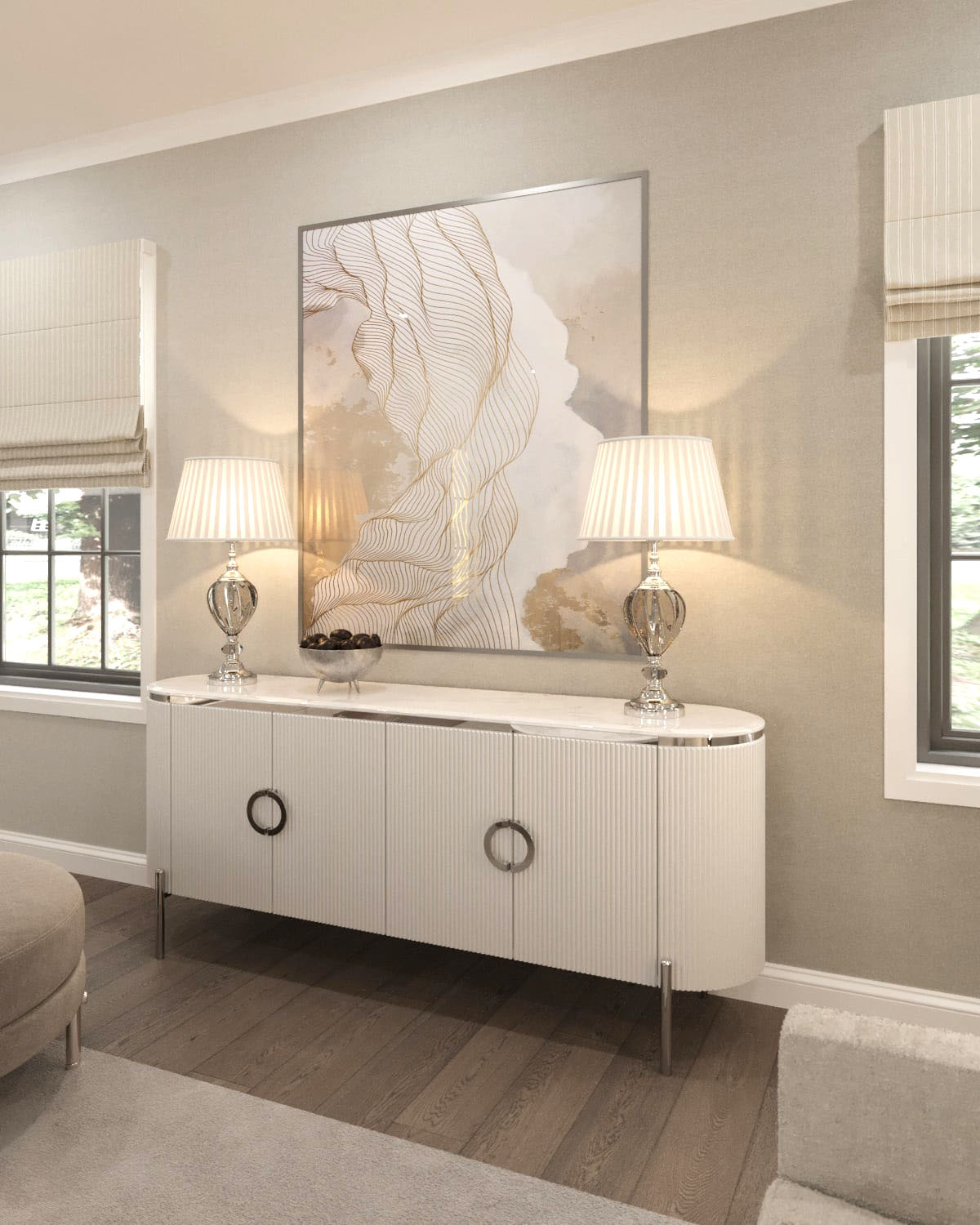 KOMODA Anne z ryflowanym, białym korpusem, blat z konglomeratu marmurowego, srebrne metalowe dodatki, piękna