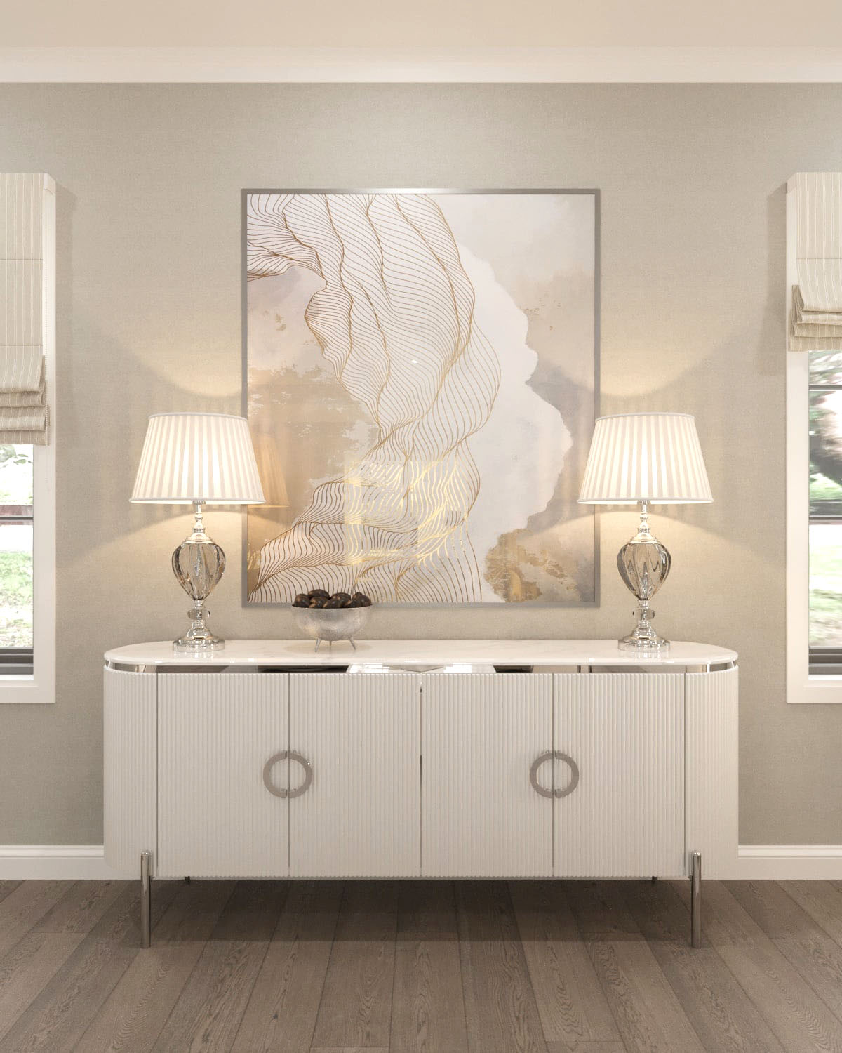 KOMODA Anne z ryflowanym, białym korpusem, blat z konglomeratu marmurowego, srebrne metalowe dodatki