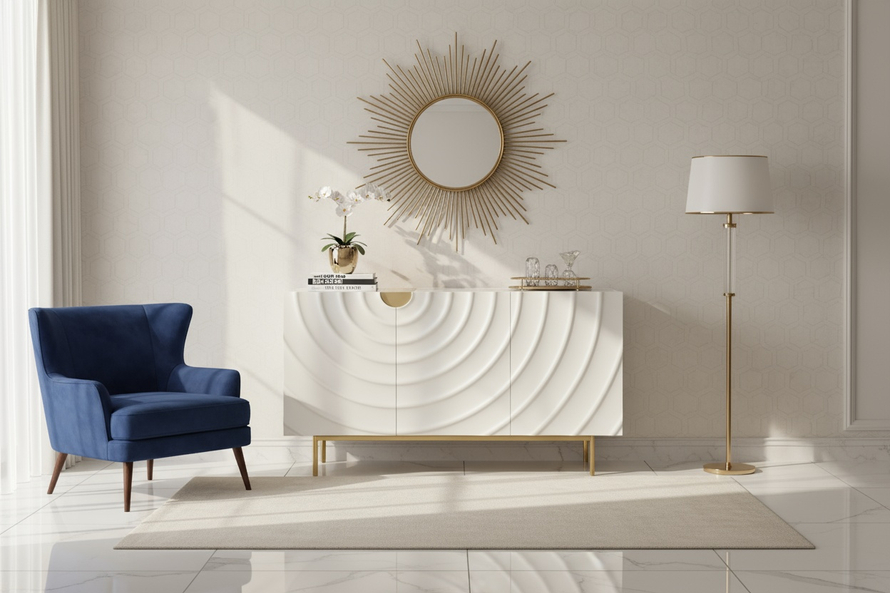 KOMODA w kolorze ecru ze złotymi detalami i nogami, fronty drzwi z wytłoczonymi kręgami, trzy szuflady, nowoczesny styl-1 KOMODA w kolorze ecru ze złotymi detalami i nogami, fronty drzwi z wytłoczonymi kręgami, trzy szuflady, nowoczesny styl-1