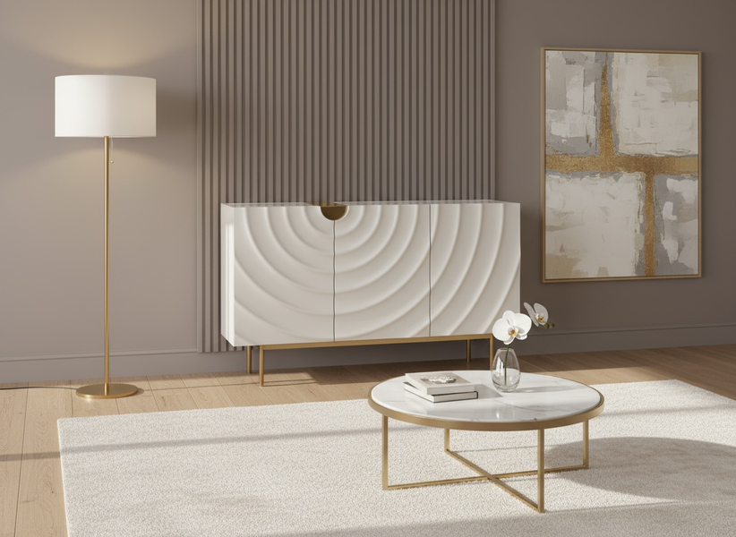 KOMODA w kolorze ecru ze złotymi detalami i nogami, fronty drzwi z wytłoczonymi kręgami, trzy szuflady, nowoczesny styl-2 KOMODA w kolorze ecru ze złotymi detalami i nogami, fronty drzwi z wytłoczonymi kręgami, trzy szuflady, nowoczesny styl-2