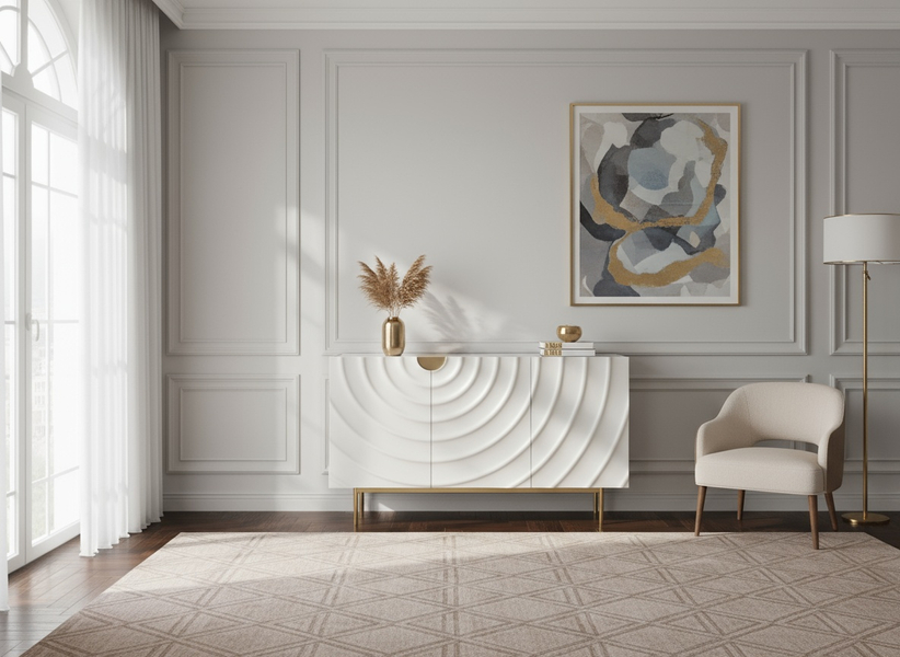 KOMODA w kolorze ecru ze złotymi detalami i nogami, fronty drzwi z wytłoczonymi kręgami, trzy szuflady, nowoczesny styl, designerska KOMODA w kolorze ecru ze złotymi detalami i nogami, fronty drzwi z wytłoczonymi kręgami, trzy szuflady, nowoczesny styl, designerska