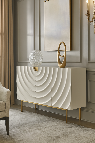 KOMODA w kolorze ecru ze złotymi detalami i nogami, fronty drzwi z wytłoczonymi kręgami, trzy szuflady, nowoczesny styl, ekskluzywna KOMODA w kolorze ecru ze złotymi detalami i nogami, fronty drzwi z wytłoczonymi kręgami, trzy szuflady, nowoczesny styl, ekskluzywna