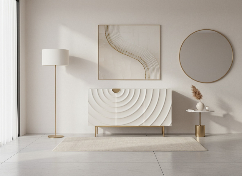 KOMODA w kolorze ecru ze złotymi detalami i nogami, fronty drzwi z wytłoczonymi kręgami, trzy szuflady, nowoczesny styl, najwyższa jakość KOMODA w kolorze ecru ze złotymi detalami i nogami, fronty drzwi z wytłoczonymi kręgami, trzy szuflady, nowoczesny styl, najwyższa jakość