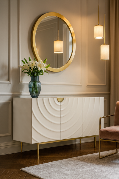 KOMODA w kolorze ecru ze złotymi detalami i nogami, fronty drzwi z wytłoczonymi kręgami, trzy szuflady, nowoczesny styl, premium KOMODA w kolorze ecru ze złotymi detalami i nogami, fronty drzwi z wytłoczonymi kręgami, trzy szuflady, nowoczesny styl, premium