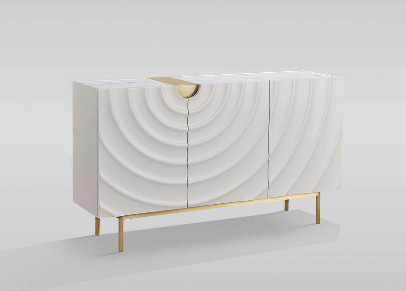 KOMODA w kolorze ecru ze złotymi detalami i nogami, fronty drzwi z wytłoczonymi kręgami, trzy szuflady, nowoczesny styl, wyjątkowa KOMODA w kolorze ecru ze złotymi detalami i nogami, fronty drzwi z wytłoczonymi kręgami, trzy szuflady, nowoczesny styl, wyjątkowa