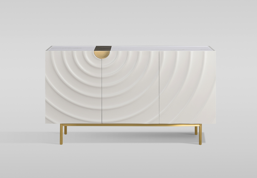 KOMODA w kolorze ecru ze złotymi detalami i nogami, fronty drzwi z wytłoczonymi kręgami, trzy szuflady, nowoczesny styl KOMODA w kolorze ecru ze złotymi detalami i nogami, fronty drzwi z wytłoczonymi kręgami, trzy szuflady, nowoczesny styl