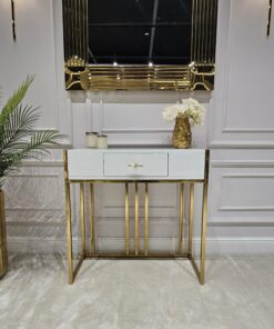 KONSOLA LOUVRE z jedną szufladą, złoty stelaż, biały korpus w wysokim połysku, styl glamour
