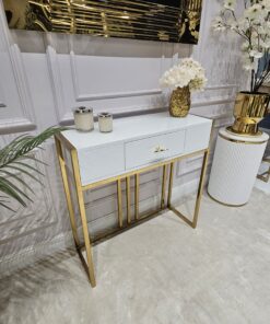KONSOLA LOUVRE z jedną szufladą, złoty stelaż, biały korpus w wysokim połysku, styl glamour, ekskluzywna