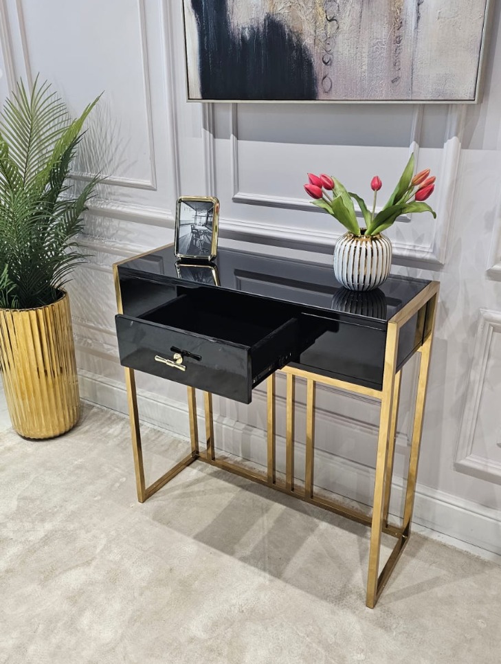 KONSOLA LOUVRE z jedną szufladą, złoty stelaż, czarny korpus w wysokim połysku, styl glamour - 80 cm, ekskluzywna