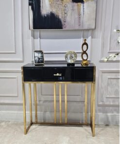 KONSOLA LOUVRE z jedną szufladą, złoty stelaż, czarny korpus w wysokim połysku, styl glamour - 80 cm