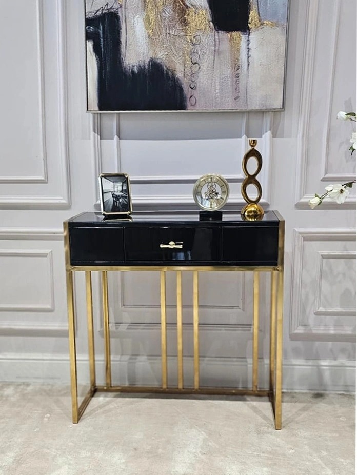 KONSOLA LOUVRE z jedną szufladą, złoty stelaż, czarny korpus w wysokim połysku, styl glamour - 80 cm