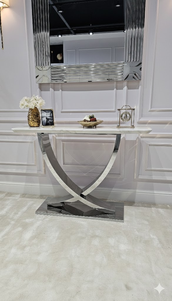 KONSOLA Nexus na srebrnym stelażu w kształcie X, prostokątny, czarny blat z konglomeratu marmurowego, nowoczesny glamour, piękna