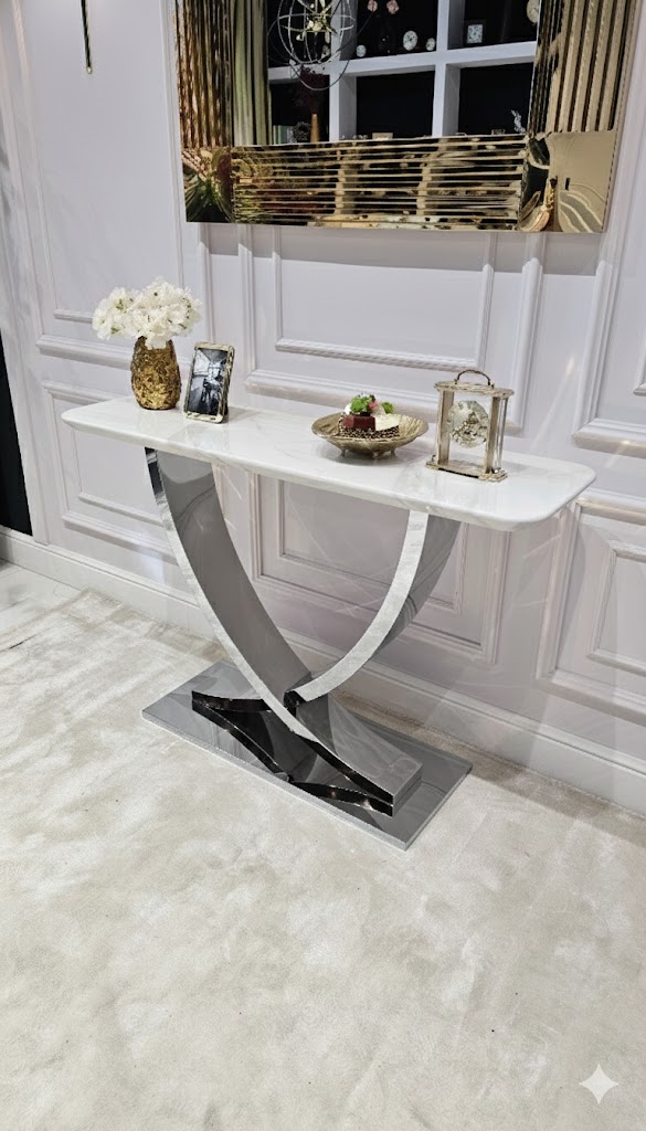 KONSOLA Nexus na srebrnym stelażu w kształcie X, prostokątny, czarny blat z konglomeratu marmurowego, nowoczesny glamour