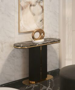 KONSOLA Prestige Nero czarna, ryflowana podstawa, złote, błyszczące detale, blat z konglomeratu marmurowego