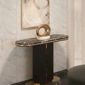 KONSOLA Prestige Nero czarna, ryflowana podstawa, złote, błyszczące detale, blat z konglomeratu marmurowego