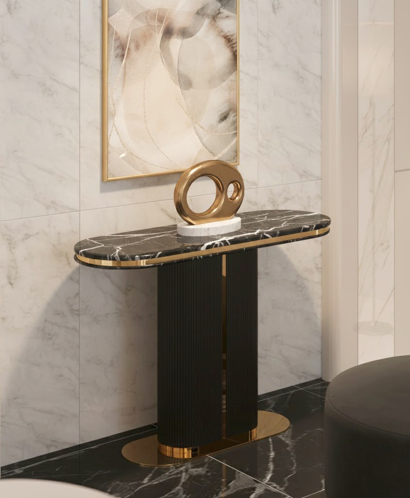 KONSOLA Prestige Nero czarna, ryflowana podstawa, złote, błyszczące detale, blat z konglomeratu marmurowego KONSOLA Prestige Nero czarna, ryflowana podstawa, złote, błyszczące detale, blat z konglomeratu marmurowego