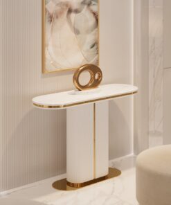 KONSOLA Prestige biała, ryflowana podstawa, złote, błyszczące detale, blat z konglomeratu marmurowego