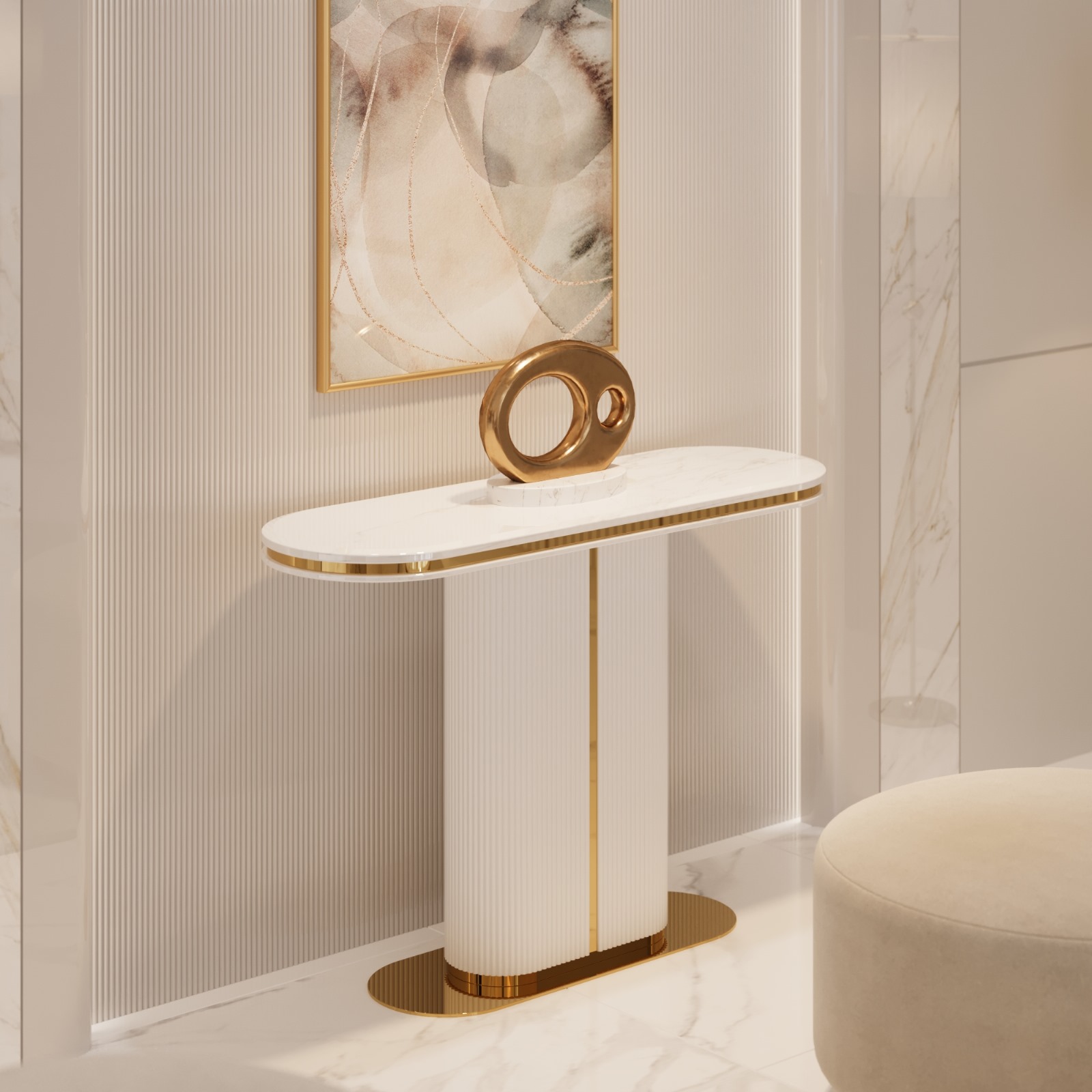 KONSOLA Prestige biała, ryflowana podstawa, złote, błyszczące detale, blat z konglomeratu marmurowego