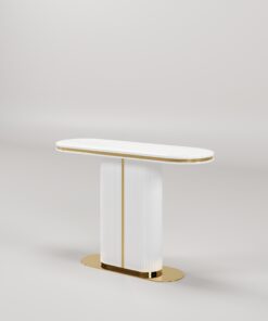 KONSOLA Prestige biała, ryflowana podstawa, złote, szczotkowane detale, blat z konglomeratu marmurowego