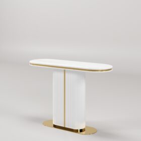 KONSOLA Prestige biała, ryflowana podstawa, złote, szczotkowane detale, blat z konglomeratu marmurowego