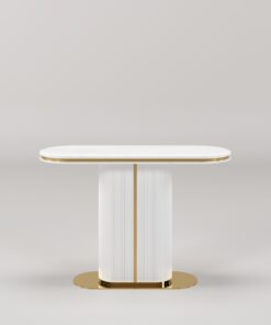 KONSOLA Prestige biała, ryflowana podstawa, złote, szczotkowane detale, blat z konglomeratu marmurowego, piękna