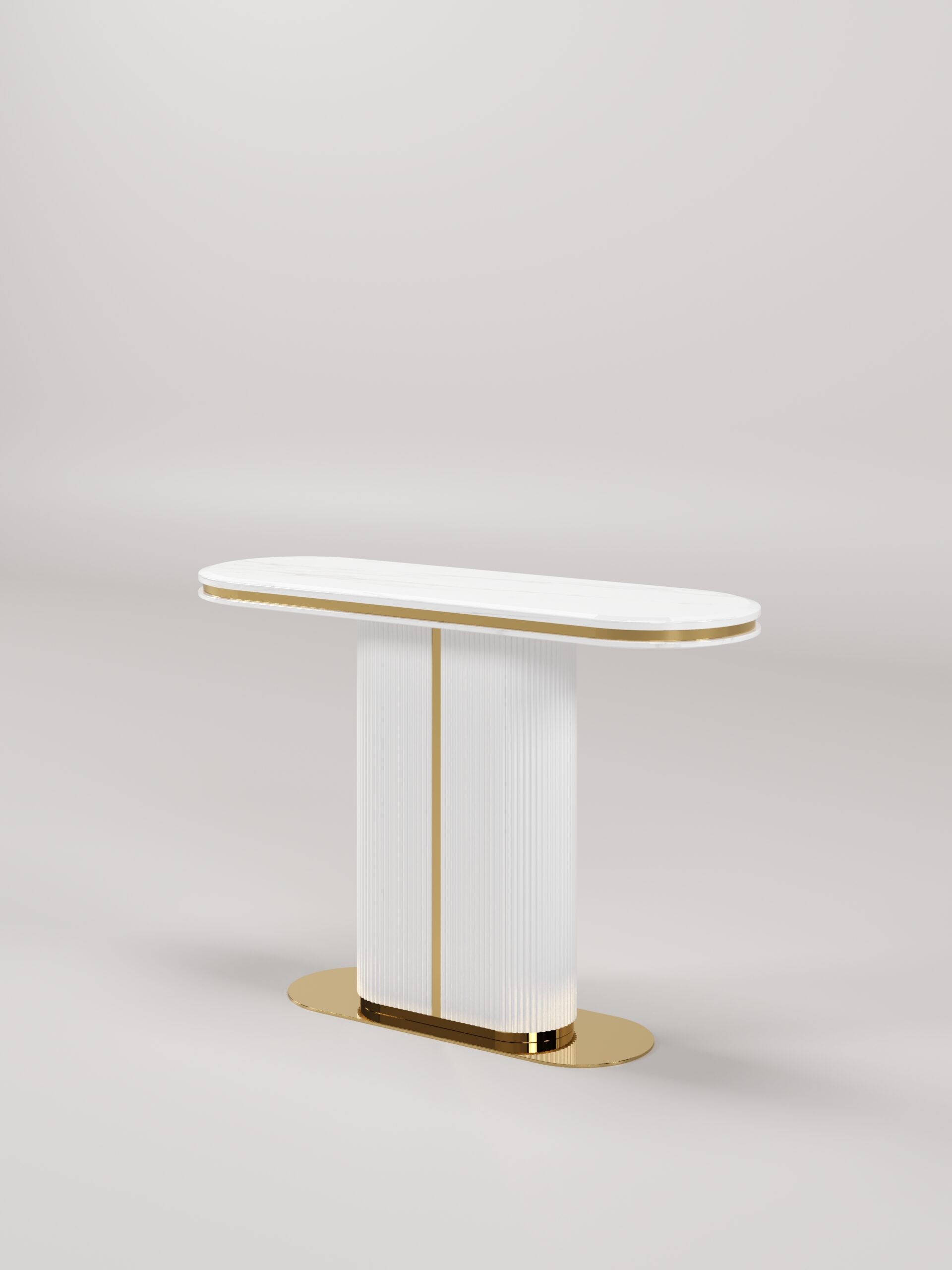 KONSOLA Prestige biała, ryflowana podstawa, złote, szczotkowane detale, blat z konglomeratu marmurowego KONSOLA Prestige biała, ryflowana podstawa, złote, szczotkowane detale, blat z konglomeratu marmurowego