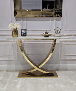 KONSOLA na złotym stelażu w kształcie X, prostokątny, biały blat z konglomeratu marmurowego, nowoczesny glamour, piękna