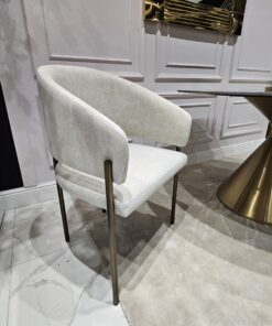 KRZESŁO na metalowych nogach w kolorze szczotkowanego brązu, jasnoszara welurowa tkanina, nowoczesny styl, piękne