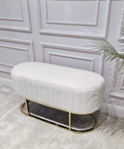 ŁAWKA o zaokrąglonych kształtach, welurowa tapicerka z pionowymi przeszyciami, złoty, metalowy stelaż, nowoczesny styl