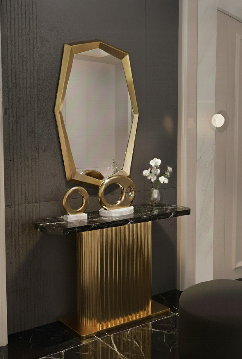 LUSTRO ŚCIENNE o geometrycznym kształcie, złota rama w szczotkowanym wykończeniu, nowoczesny styl, piękne