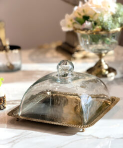 PATERA Z POKRYWKĄ złota podstawa, transparentna pokrywka, klasyczny styl