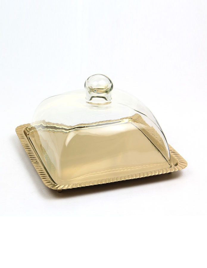 PATERA Z POKRYWKĄ złota podstawa, transparentna pokrywka, klasyczny styl