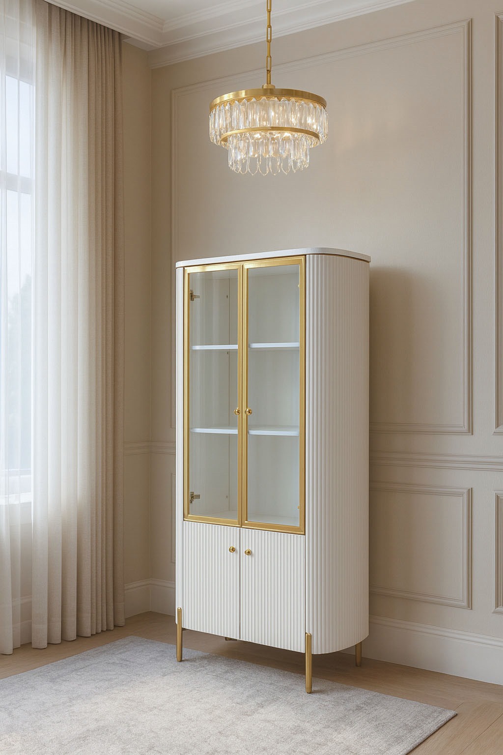 REGAŁ Anne 2-drzwiowy z szybą, biały, ryflowany korpus, złote metalowe dodatki, styl glamour REGAŁ Anne 2-drzwiowy z szybą, biały, ryflowany korpus, złote metalowe dodatki, styl glamour