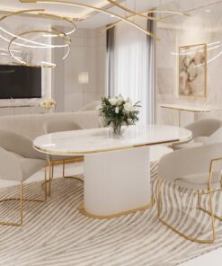 STÓŁ JADALNIANY Prestige z białą ryflowaną podstawą, złotymi dodatkami w błyszczącym wykończeniu i blatem z konglomeratu marmurowego, piękny