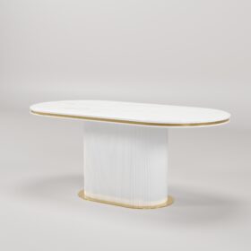 STÓŁ JADALNIANY Prestige z białą ryflowaną podstawą, złotymi dodatkami w szczotkowanym wykończeniu i blatem z konglomeratu marmurowego