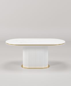 STÓŁ JADALNIANY Prestige z białą ryflowaną podstawą, złotymi dodatkami w szczotkowanym wykończeniu i blatem z konglomeratu marmurowego, piekny