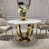 STÓŁ JADALNIANY Ring okrągły. na złotej, eleganckiej podstawie, biały blat z konglomeratu marmurowego, nowoczesny glamour, premium