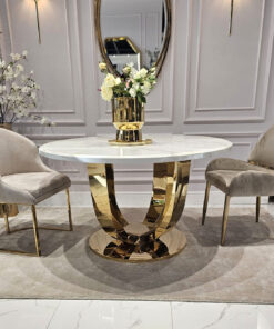 STÓŁ JADALNIANY Ring okrągły. na złotej, eleganckiej podstawie, biały blat z konglomeratu marmurowego, nowoczesny glamour, premium
