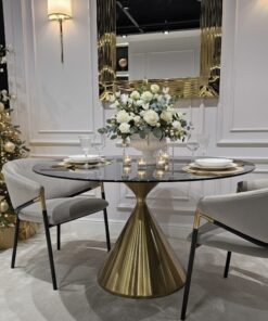 STÓŁ JADALNIANY Verona na podstawie w kształcie klepsydry w kolorze szczotkowanego złota, czarny blat, nowoczesny styl