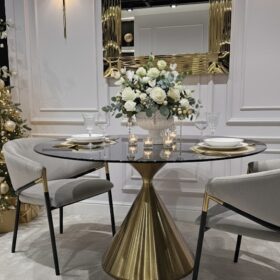 STÓŁ JADALNIANY Verona na podstawie w kształcie klepsydry w kolorze szczotkowanego złota, czarny blat, nowoczesny styl